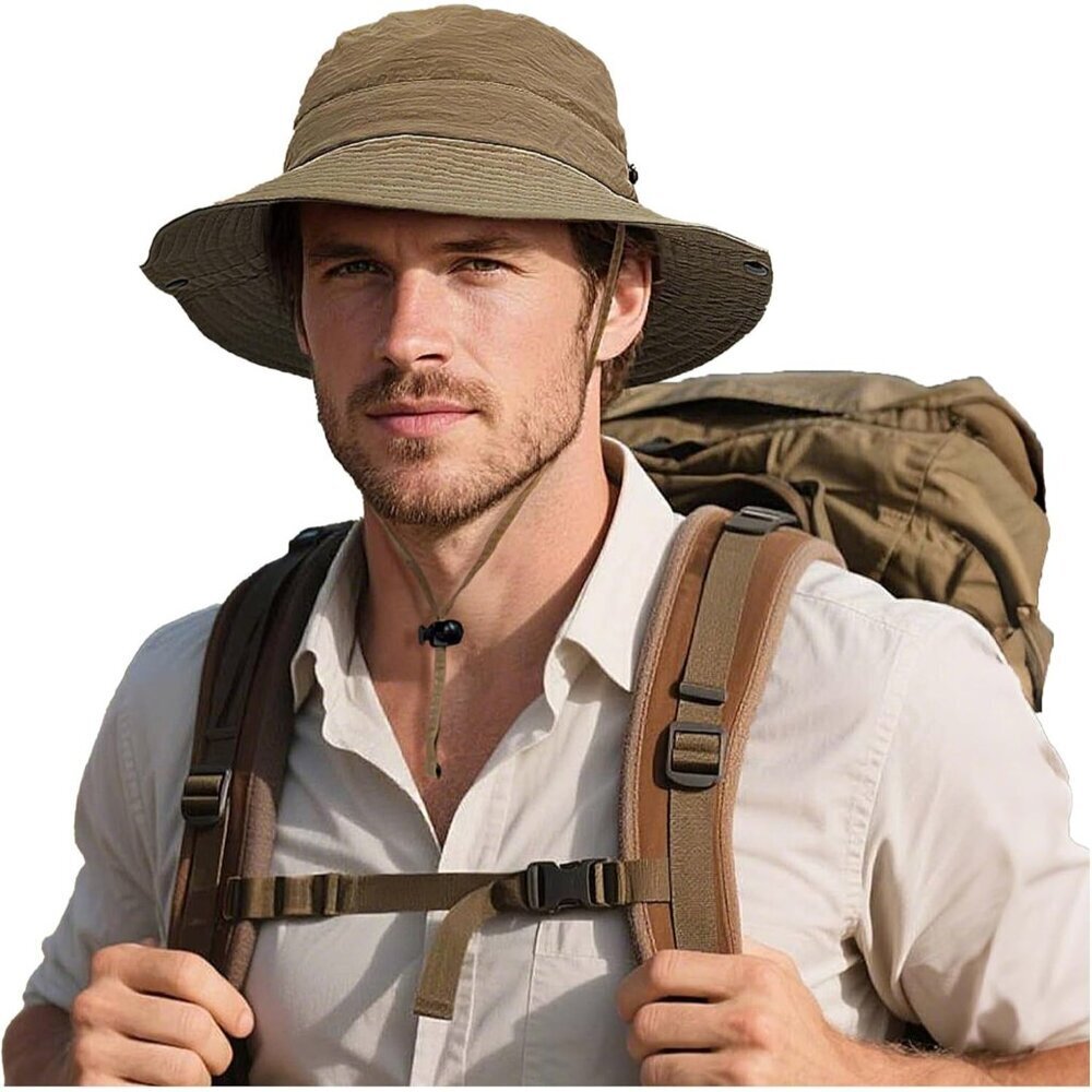 Women's Khaki 100% Nylon Wide Brim With Adjustable Chin Strap Classic Bucket Hat